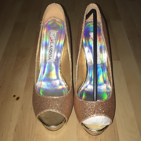 ✨ Gold Glitter Peep Toe Heels - Picture 3 of 3